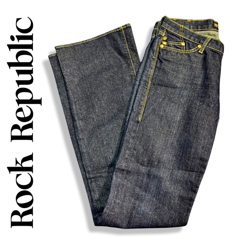 Woman's Vintage Y2K Rock & Republic Jeans,Dark Blue w/Gold Low Rise,Flare Jeans - Picture 1 of 7